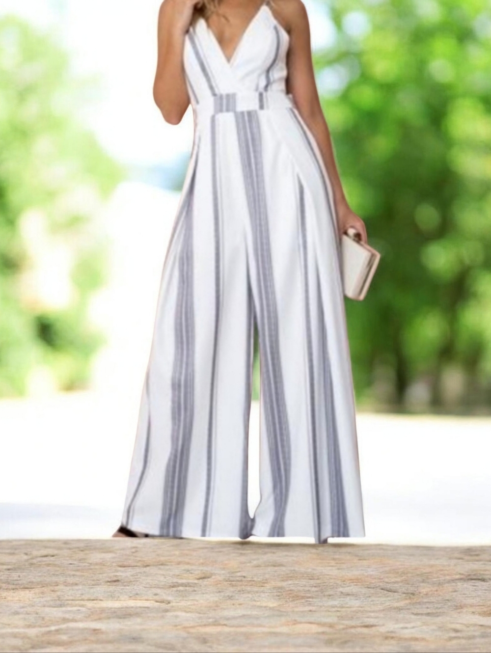 SUCREFAS Boho Striped Wide Leg V- Neck Jumpsuit